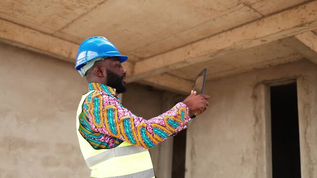African architect wearing a hard hat and safety vest uses a smart tablet to capture photos of an ongoing construction project at a building site