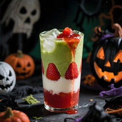 Matcha Latte Strawberry in a Halloween theme