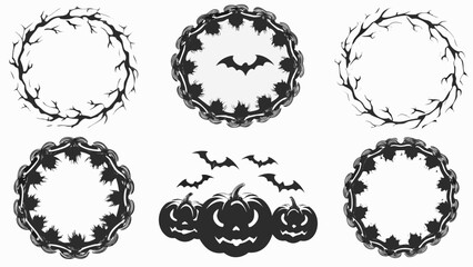 Obraz premium Illustration showing halloween themed designs including wreaths pumpkins and bats in a monochrome black and white theme silhouette