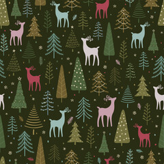 Beautiful christmas seamless pattern with deer and trees - hand drawn and detailed, great for christmas textiles, banners, wrappers, wallpapers - vector surface design