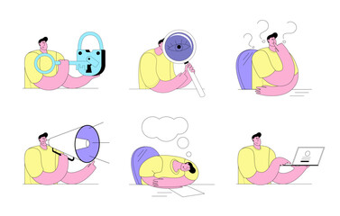 Set of characters in a cartoon simple style. Vector icons for designing business messages. Young man in various business situations.
