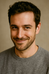 Fototapeta premium Smiling man with beard and sweater displaying joyful expression