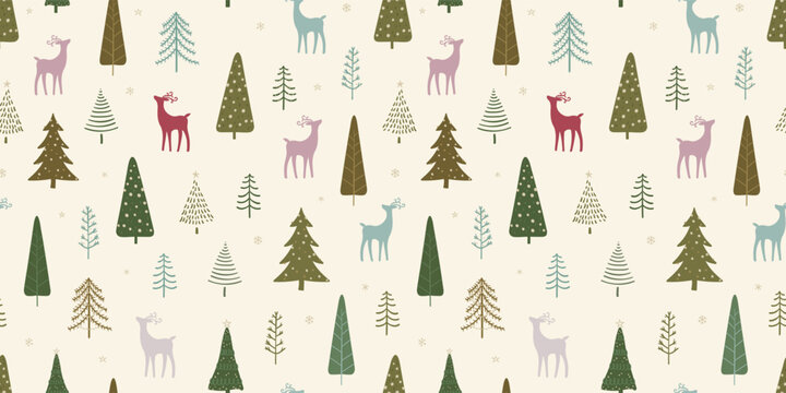 Beautiful christmas seamless pattern with deer and trees - hand drawn and detailed, great for christmas textiles, banners, wrappers, wallpapers - vector surface design