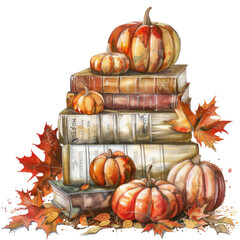 Autumnal Still Life: An inviting composition of autumnal gourds nestled atop a stack of aged books, creating a scene that exudes the warmth of fall and the allure of knowledge. 