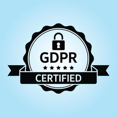Black GDPR certified badge with padlock and five stars against a light blue backdrop