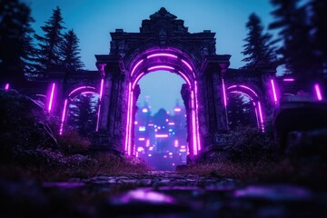 Ancient stone archway illuminated by vibrant neon lights, creating surreal atmosphere