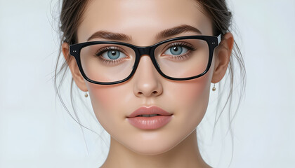 Fototapeta premium Young woman with glasses showcasing a confident expression, highlighting her beauty and intelligence in a soft, neutral background