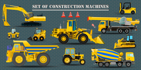 A large collection of realistic construction machines, equipment. A large design set of flat icons for the construction business. Vector illustration.