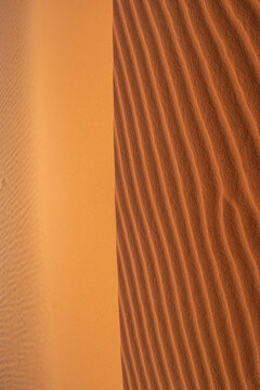 Merzouga, Morocco, Africa: close up and details of Erg Chebbi dunes, view of a dune in the Sahara desert, grains of sand forming small waves on the beautiful dunes at sunset 
