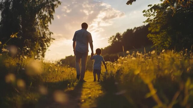 The silhouettes of a father and son walk hand in hand along a path at sunset. Suitable for illustrations of family values, childhood, travel, advertising family holidays and tourist routes.
