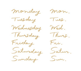 シンプルな手書きの筆記体の曜日