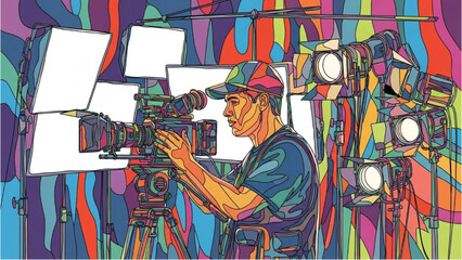 Colorful Continuous Line Drawing of a Cinematographer Adjusting Camera on Tripod with Lighting Rigs, Representing Visual Storytelling and Technical Skill