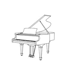 Minimalist Black Outline Grand Piano Drawing with Open Lid, Music Stand, and Pedals on Pure White Background