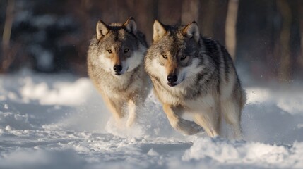 Naklejka premium Two wolves running through a snowy winter forest illuminated by warm sunlight
