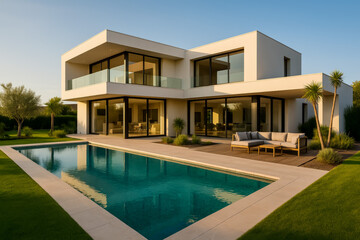 Fototapeta premium Modern luxury villa with swimming pool and landscaped garden