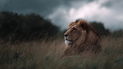 Fototapeta premium A majestic lion with a thick mane rests in tall dry grass under a dramatic overcast sky