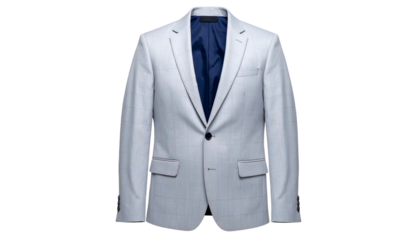 A formal light blue suit jacket with a dark blue lining, isolated on a black background