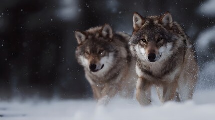Two wolves run through a snowy forest during a snowstorm
