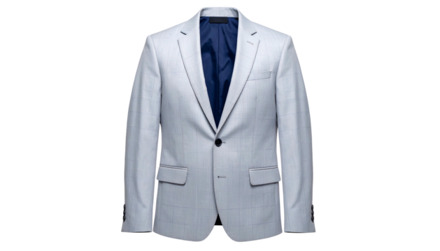 A formal light blue suit jacket with a dark blue lining, isolated on a black background