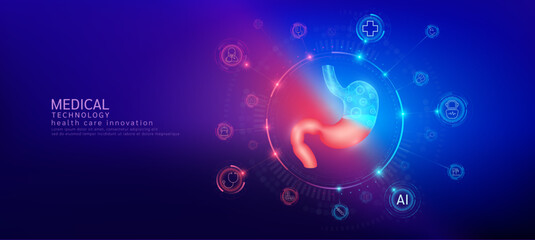 Stomach realistic shape model with translucent polygon connection to the medical network icons. Innovation in digital smart science health care technology. Banner vector.