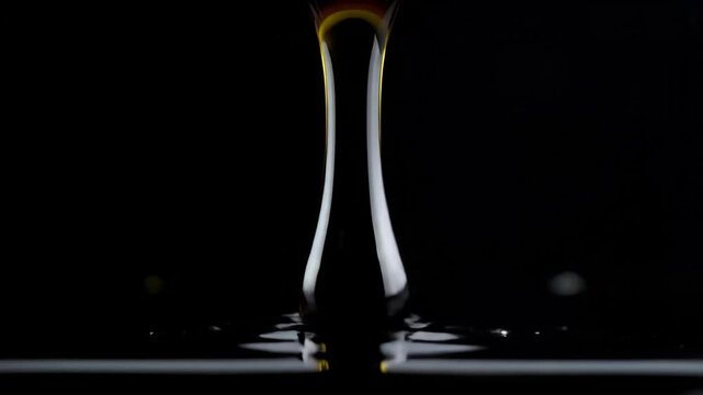 Close-up View of Liquid Droplets Falling Against Dark Background