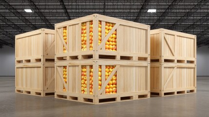 Wooden crates stacked high with shiny, ripe apples are organized for shipping in a large warehouse. The atmosphere is vibrant with the colors of the apples awaiting their journey