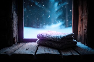 Soft towels neatly stacked on wooden surface, framed by snowy window view