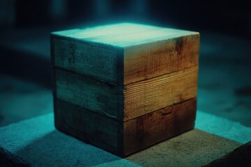 Illuminated wooden block resting on surface, casting mysterious glow around