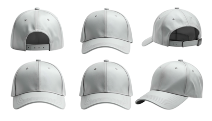 Six views of a plain white baseball cap, showing various angles against a transparent background