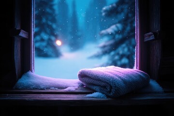 Snowy window scene exudes warmth with cozy blanket, inviting tranquility and peace