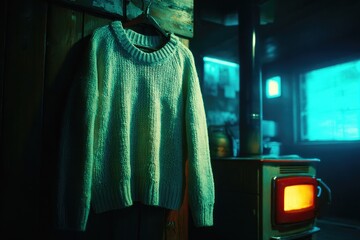Cozy sweater hangs beside glowing retro heater, capturing warm atmosphere