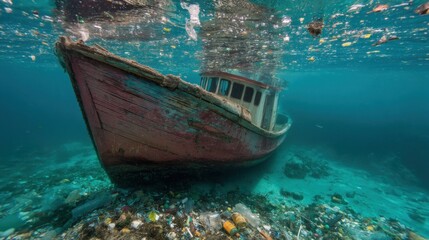 Obraz premium A submerged, weathered boat rests on a debris-laden sea floor, illustrating the impact of pollution on marine environments.