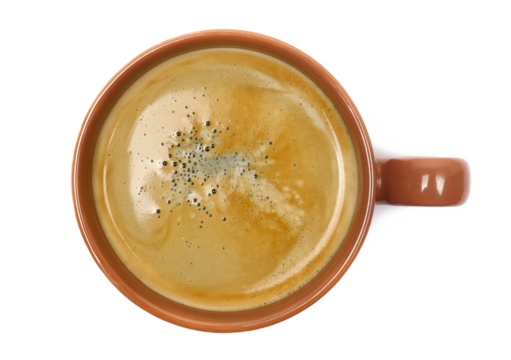 porcelain espresso coffee cup isolated on white background, top view	