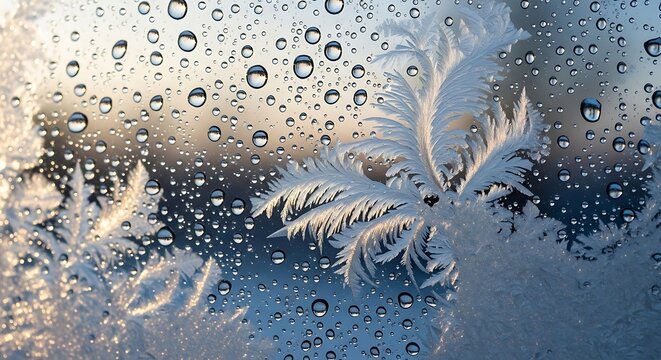 Frosted Window with Ice Crystals and Water Droplets with Snowy Palm Tree Silhouette at Sunset