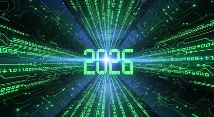 Digital tunnel with 2026 glowing in green representing future technology