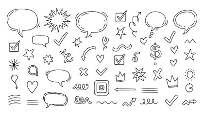 Vector art of collection of handdrawn doodle elements, including speech bubbles, check marks, stars, hearts, crowns, and arrows