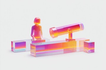 Colorful translucent figures explore astronomy with telescope in vibrant setting