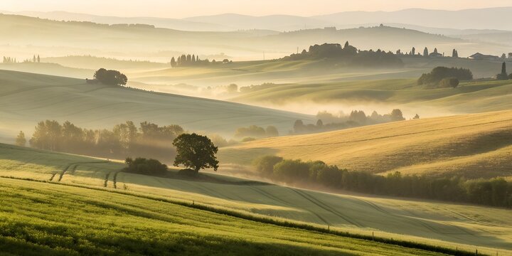 Morning sunlight over rolling oat fields, layers of gold and pale green, mist drifting between low hills, tranquil rural mood
