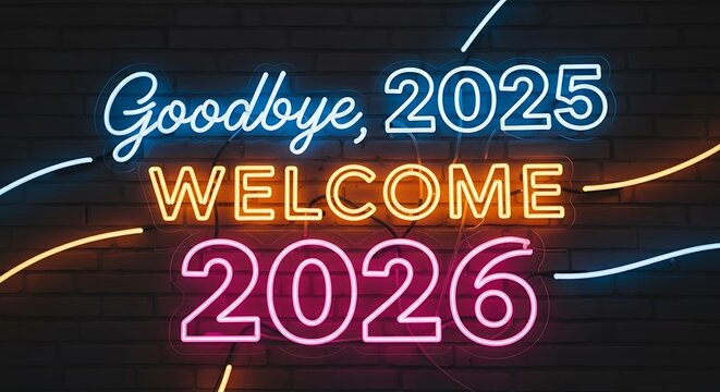 Colorful neon sign wishing goodbye to 2025 and welcoming the year 2026