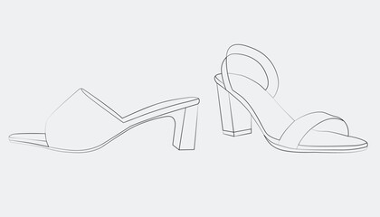 Hand-drawn two women’s high heel sandals, a chunky mule, and a strappy block heel. Clean, modern, and elegant line art for fashion design.