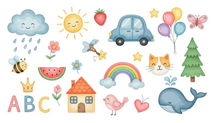 Vector art of cute watercolor illustration of various elements for children, including a smiling cloud with rain, a happy sun, a strawberry, a blue car, balloons