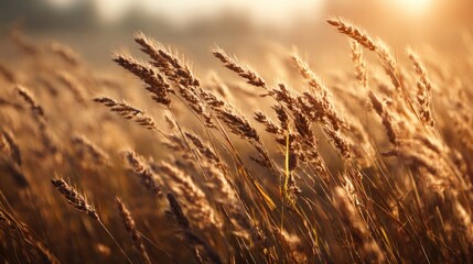 Fototapeta premium A golden field of tall grasses sways gently in the breeze, illuminated by soft sunlight during the golden hour.