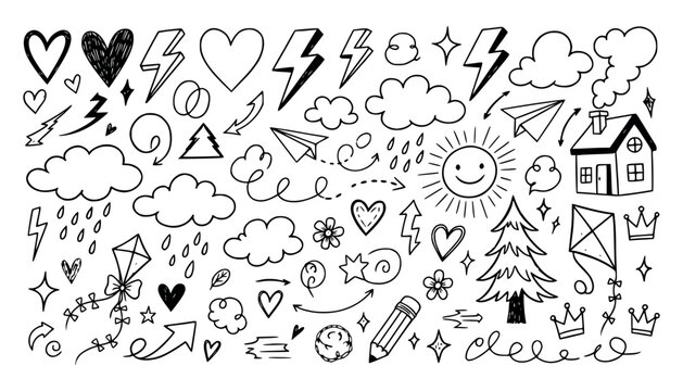 Vector art of collection of handdrawn doodle elements including hearts, lightning bolts, clouds, sun, house, tree, kite, pencil, and arrows