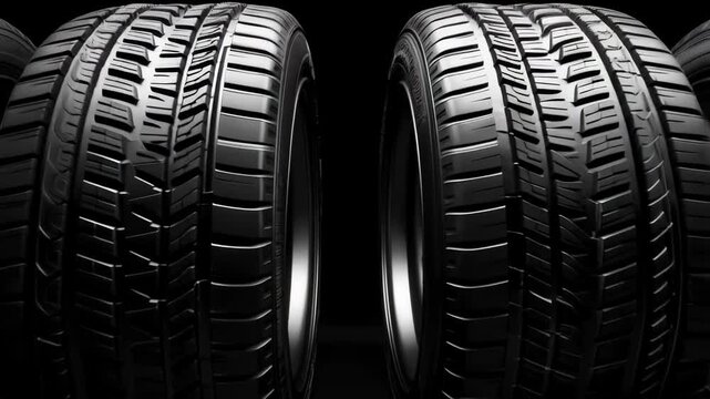Four wheels with aggressive tread on a black background. Suitable for advertising tyres, car accessories, articles about tuning or off-road vehicles.
