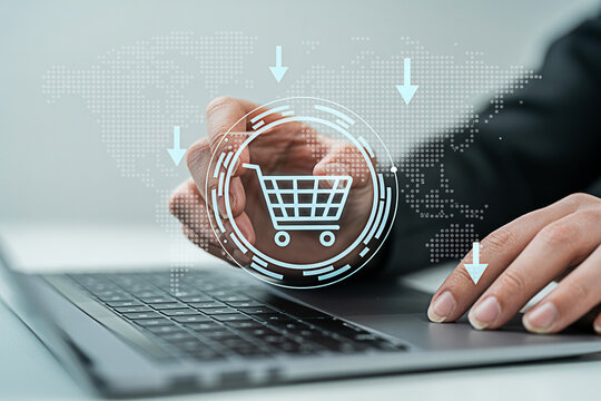Ecommerce shopping online digital marketing technology business retail concept and laptop keyboard use