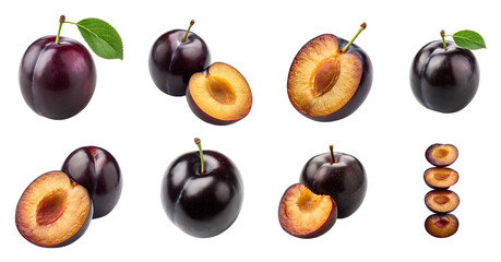 Plum PNG Pack featuring whole and sliced dark purple plums with seed and leaf, isolated for food design, organic product visuals, and healthy lifestyle themes.