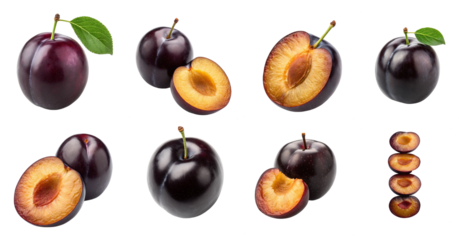 Plum PNG Pack featuring whole and sliced dark purple plums with seed and leaf, isolated for food design, organic product visuals, and healthy lifestyle themes.