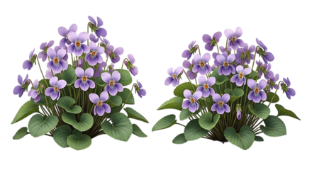 Two clusters of purple violets with green leaves flower