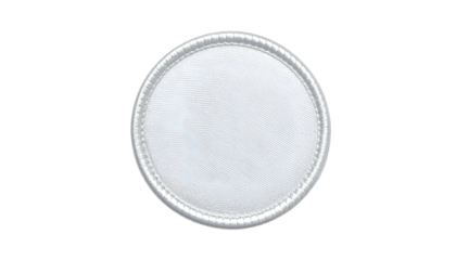 Circular white embroidered patch with a textured center and silver-tone edging, isolated on black