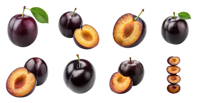Plum PNG Pack featuring whole and sliced dark purple plums with seed and leaf, isolated for food design, organic product visuals, and healthy lifestyle themes.